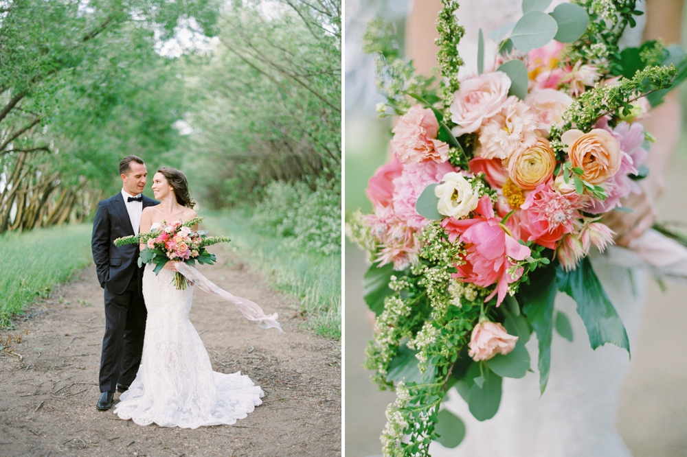 Edmonton wedding photographers | stunning overhanging tree location | pink bridal bouquet | galia lahav wedding dress inspiration | Justine Milton fine art film wedding photographers