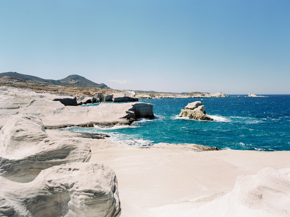 Greece Travel photography fine art film prints of greece | Milos Sarakiniko | moon like rock and blue water | stunning greek landscapes 