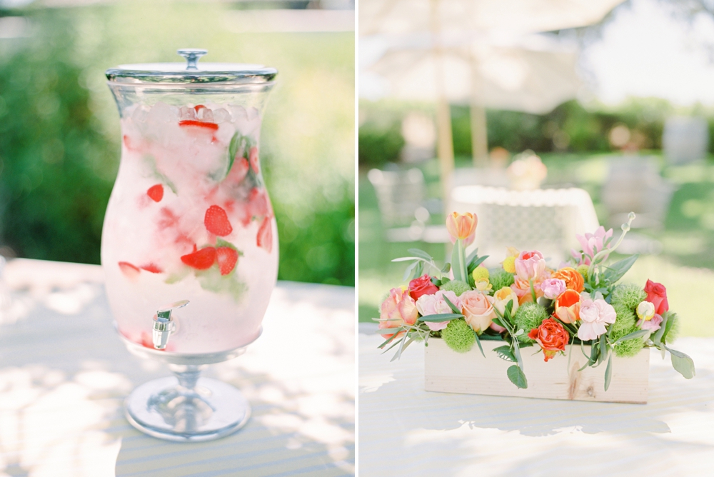 California Gainey Vineyard Wedding Welcome Reception | summer spring wedding decor flower arrangement and drink dispenser