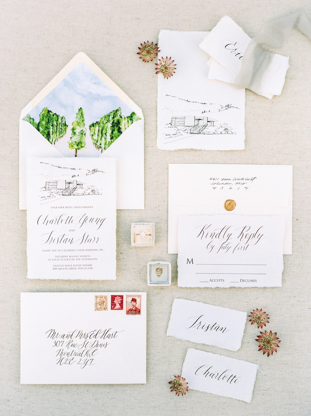 watercolor painting and calligraphy wedding stationery invitation | Painted Rock Winery | Penticton wedding photographer | Kelowna Wedding photography | Okanagan Wedding photographers