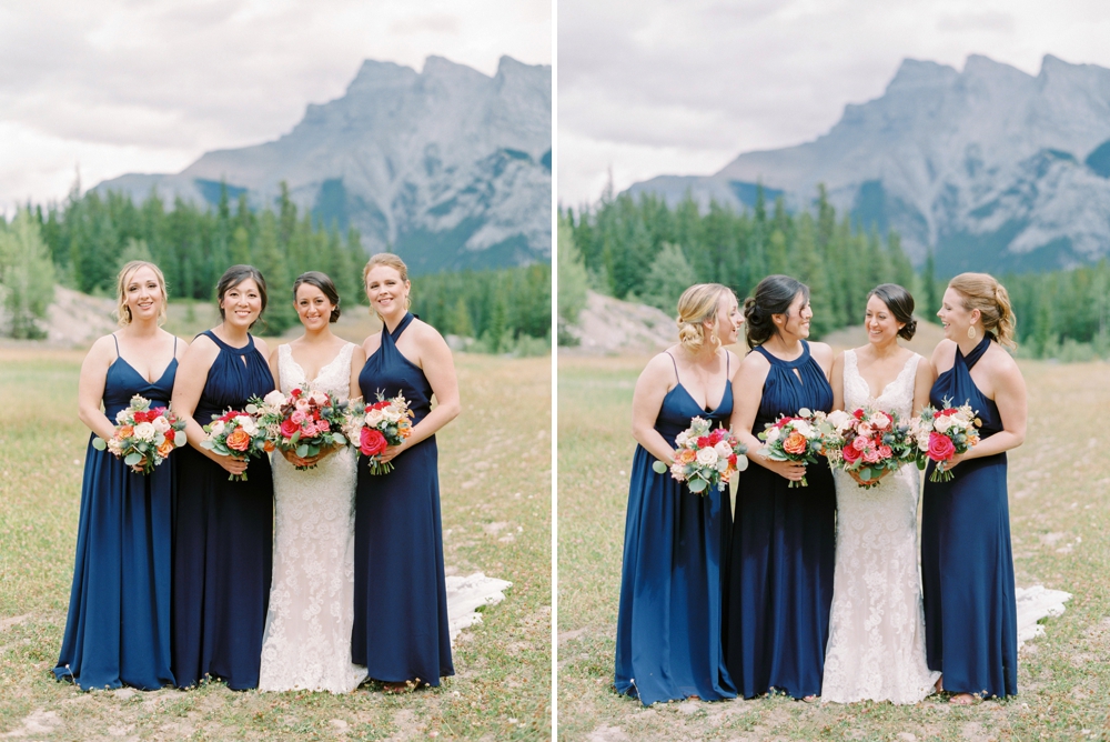 Banff Wedding Photographers | Banff tunnel mountain reservoir | wedding party navy blue | Justine Milton fine art film photographers