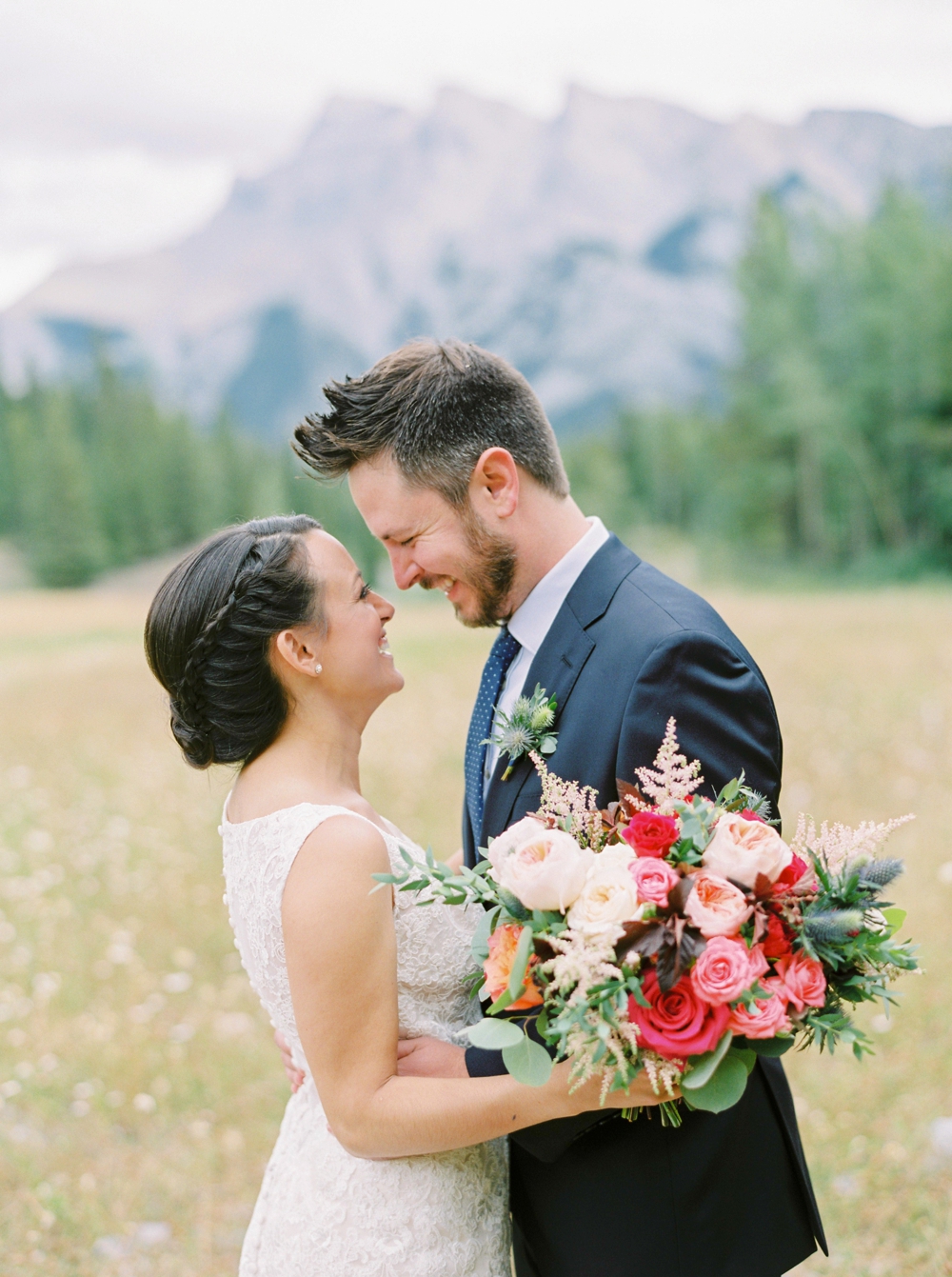 Banff Wedding Photographers | Banff tunnel mountain reservoir | bride and groom portraits | Justine Milton fine art film photographers