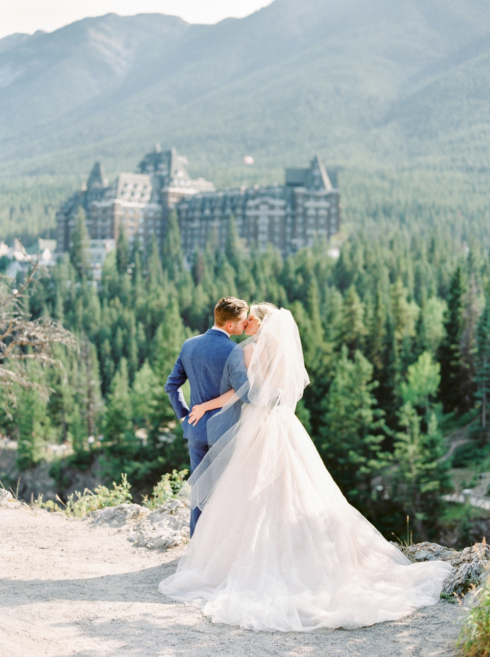 Bride and Groom portrait Surprise Corner Fairmont Banff Springs Hotel | Banff Rocky Mountain Wedding Photographers | Justine Milton fine art film photography