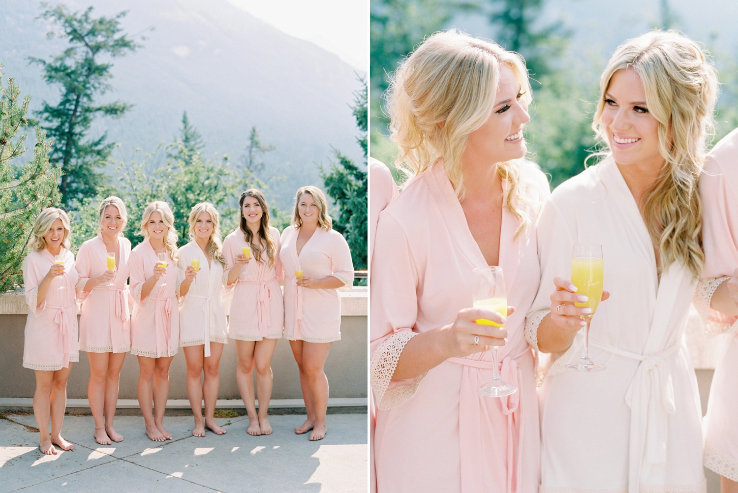 Fairmont Banff Springs Hotel wedding photographers | Justine Milton Fine Art Film Photography | Bride getting ready pink bridesmaids robe