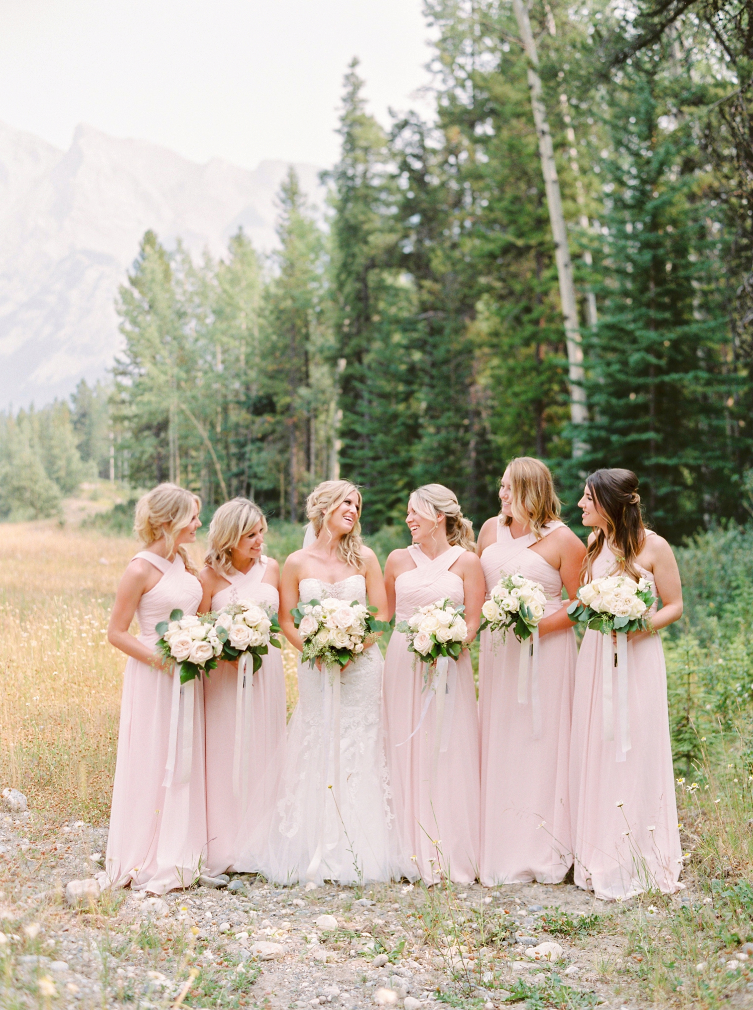 Fairmont Banff Springs Hotel wedding photographers | Justine Milton Fine Art Film Photography | Bridesmaids blush pink dresses
