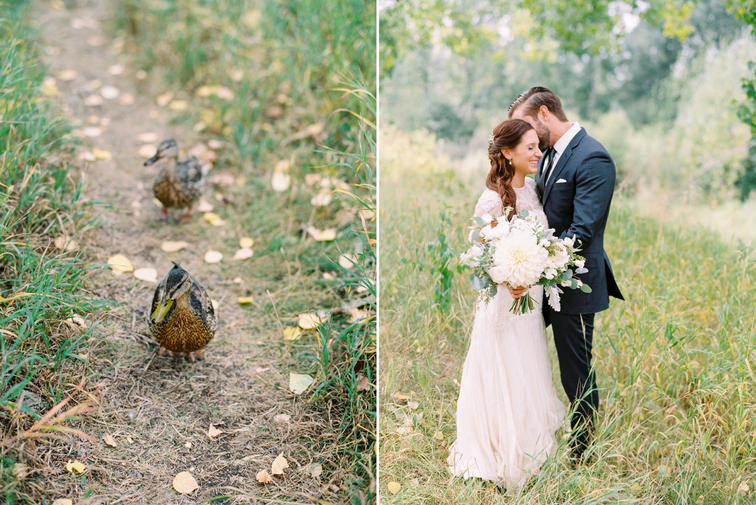 Calgary wedding photographers | fine art film | Justine Milton Photography | wedding inspiration | wedding dress | bride and groom portraits | bouquet | ducks