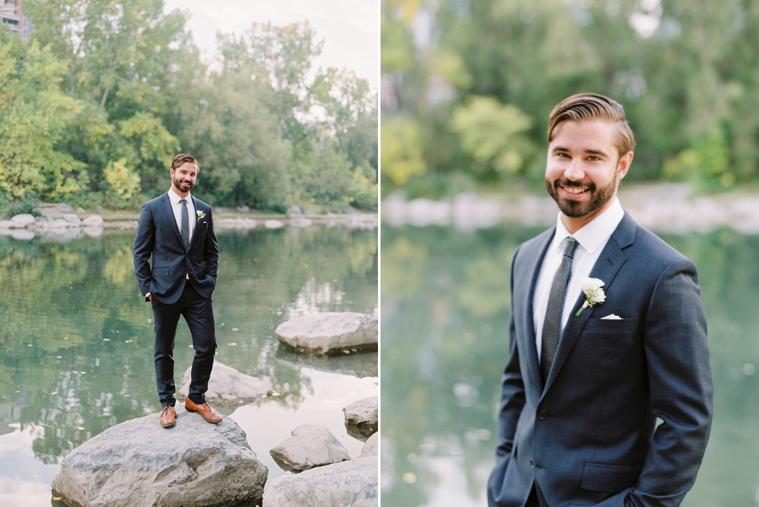 Calgary wedding photographers | fine art film | Justine Milton Photography | wedding inspiration | wedding dress | groom portraits | river | wedding suit