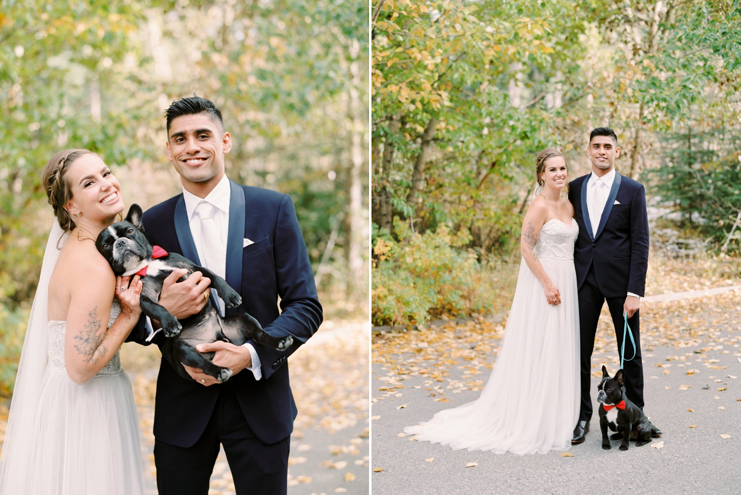 Calgary wedding photographers | fine art film | Justine Milton Photography | canmore wedding photographers | bride and groom portraits | dog | kiss