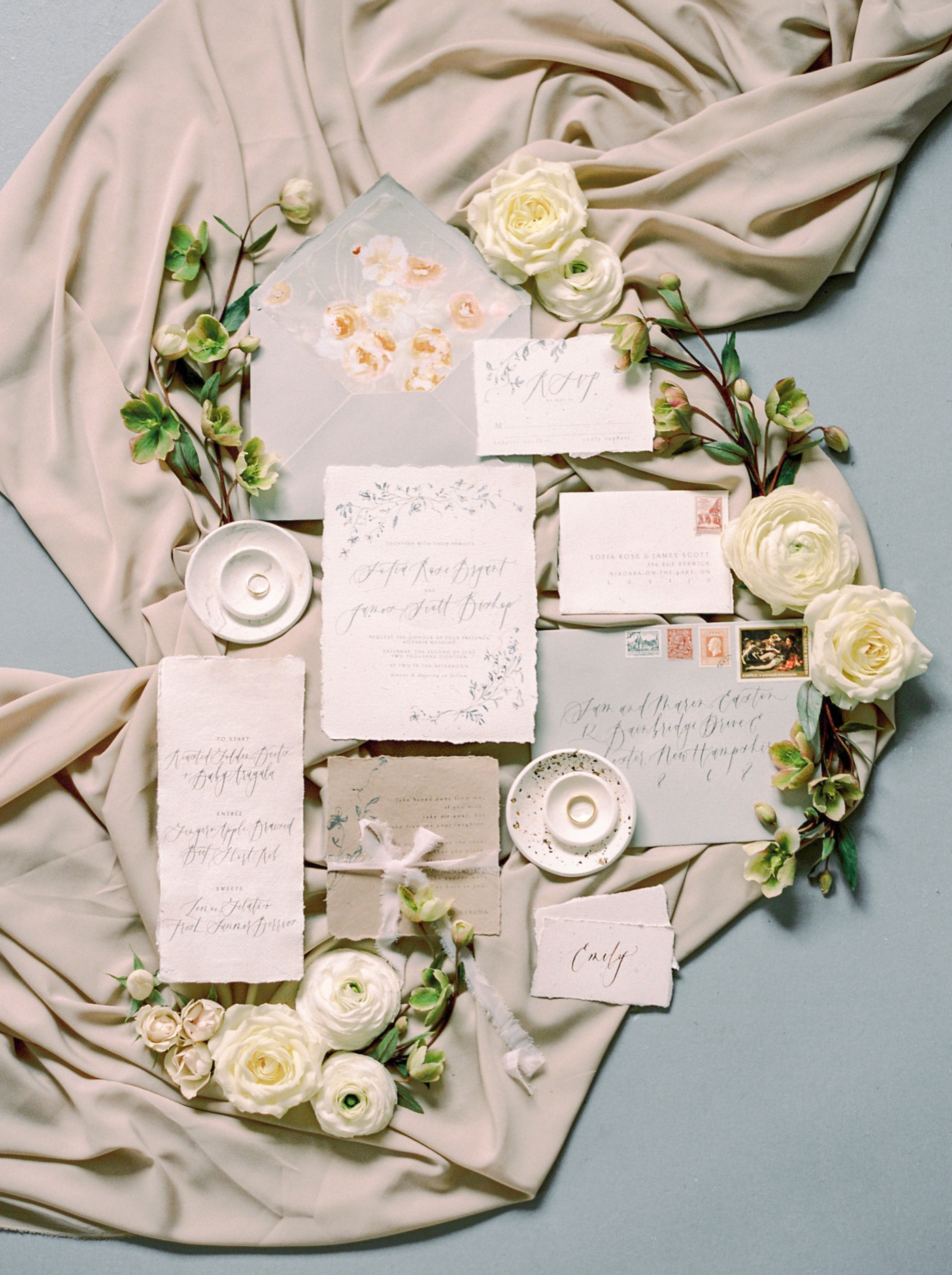Calgary and Banff wedding photographers | Justine Milton photography | fine art editorial | neutral colors and florals calligraphy wedding invitation