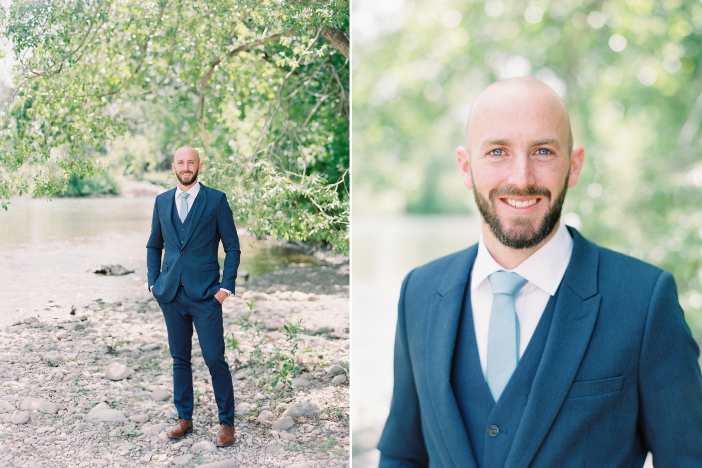 Calgary wedding photographers | The Gathered Farm Wedding | Justine milton fine art film photographer | Navy blue grooms suit groom portrait