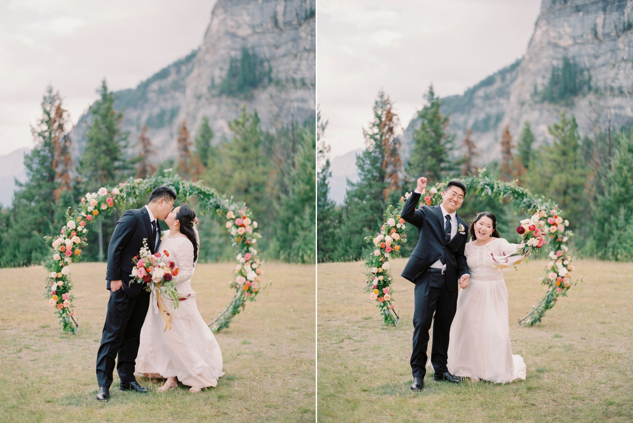  Banff wedding photographers | Justine milton photography | fine art film destination wedding photographer | Banff elopement floral arch ceremony decor 