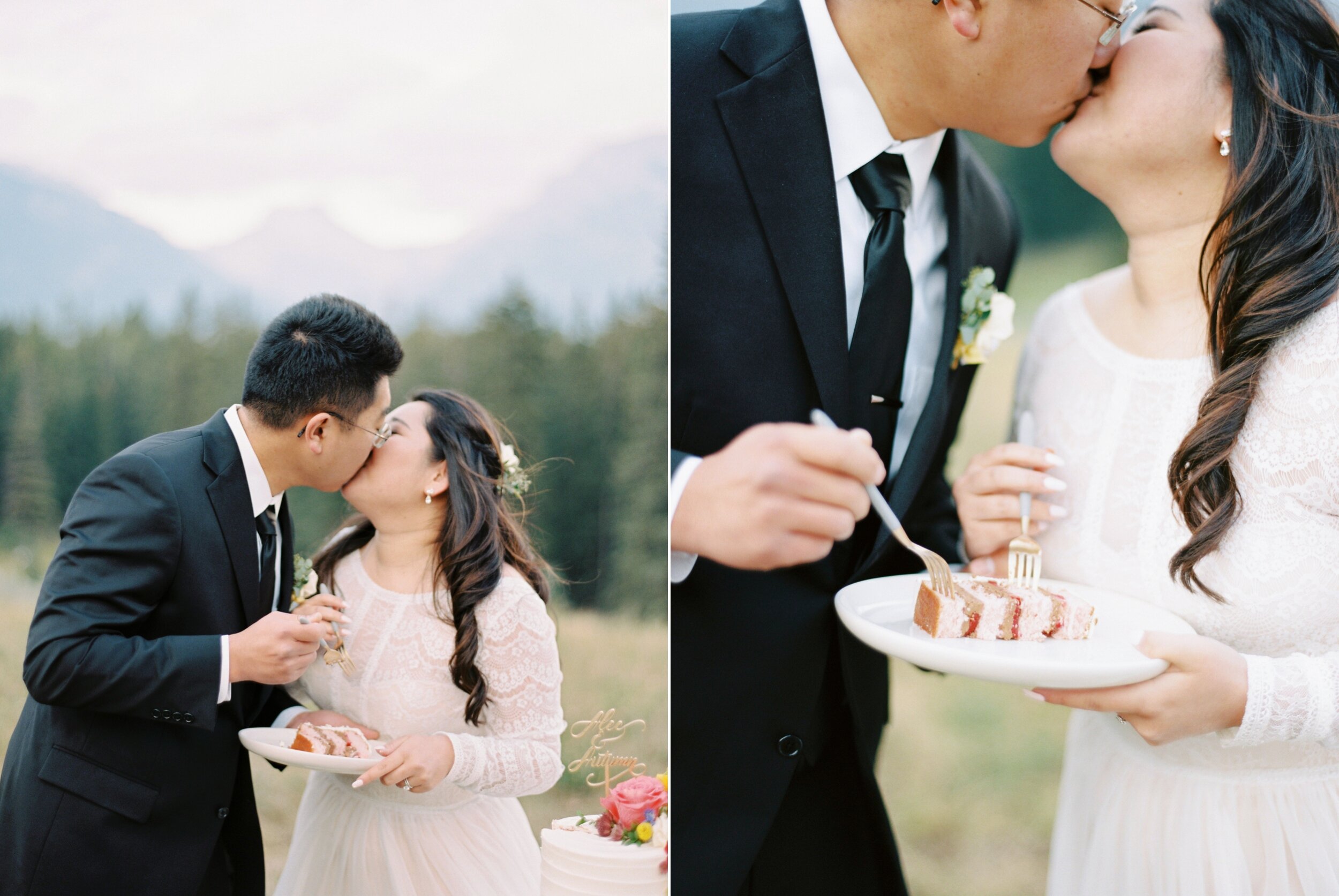  Banff wedding photographers | Justine milton photography | fine art film destination wedding photographer | Banff elopement wedding dinner cake 