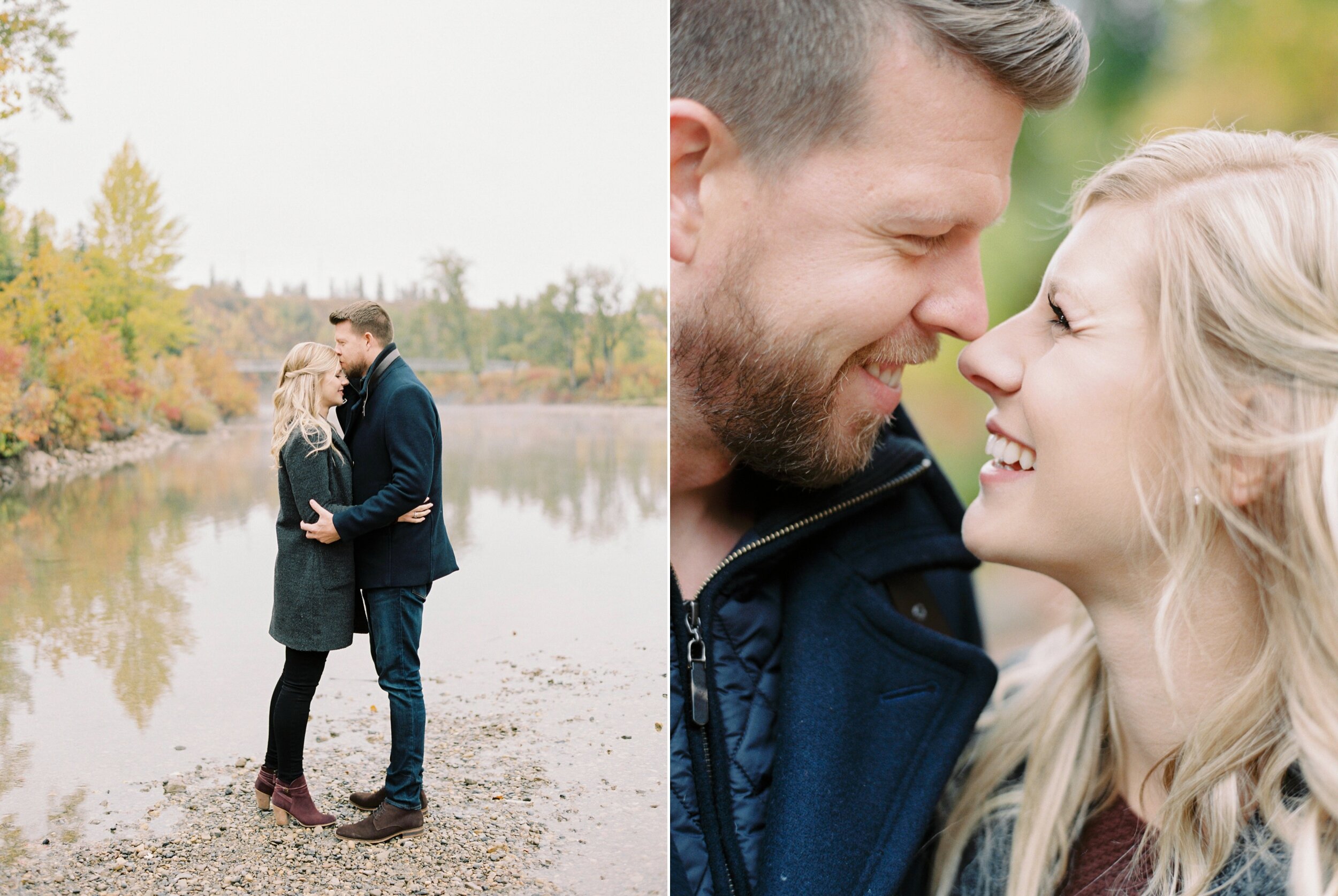  perfect fall colors for calgary river side engagement sesson with dogs | couples pose ideas for engaement photos | fine art film photographers 