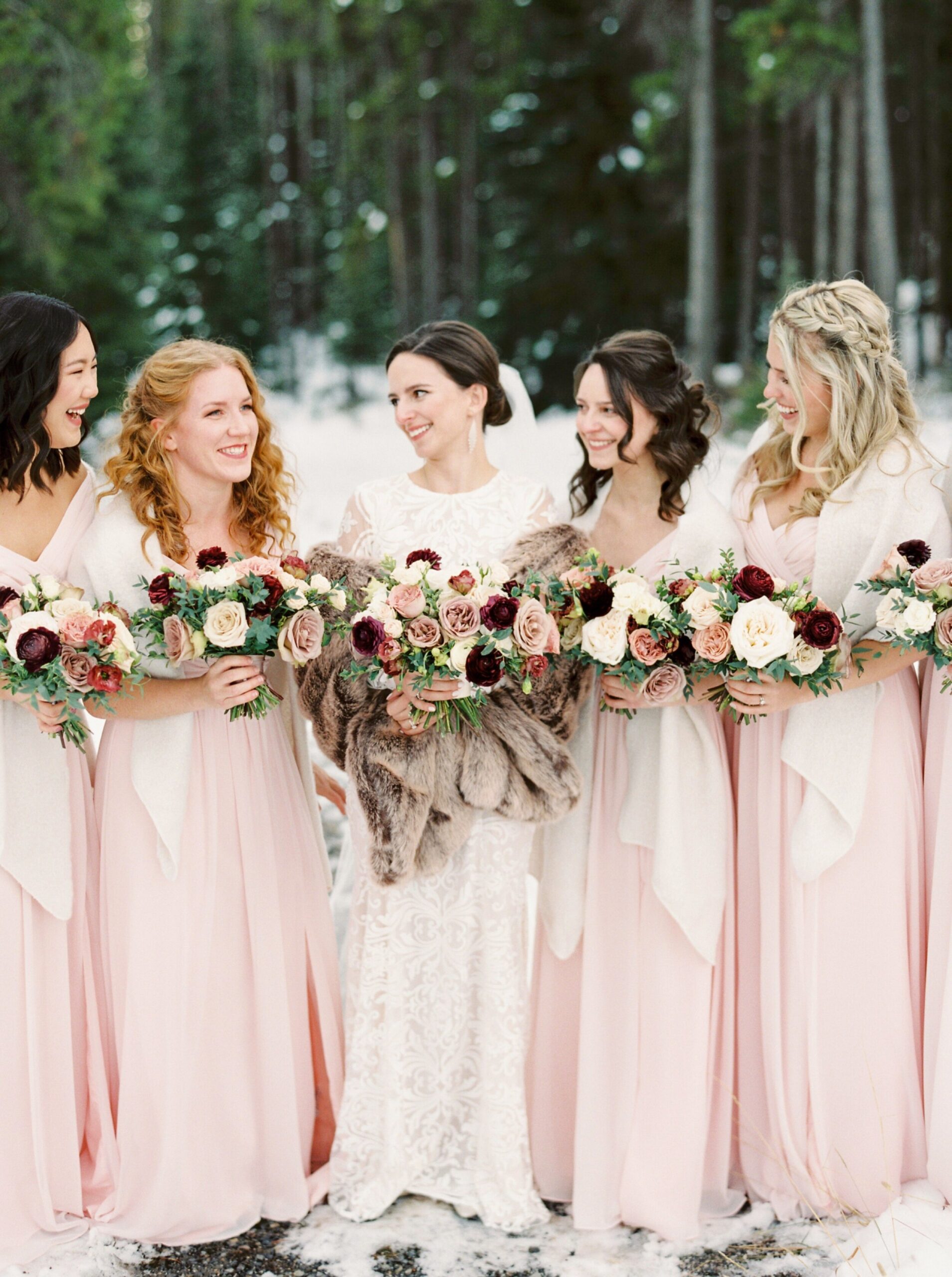  Blush winter bridesmaids outfits with fur stolls and modern pops of color bridal bouquet 
