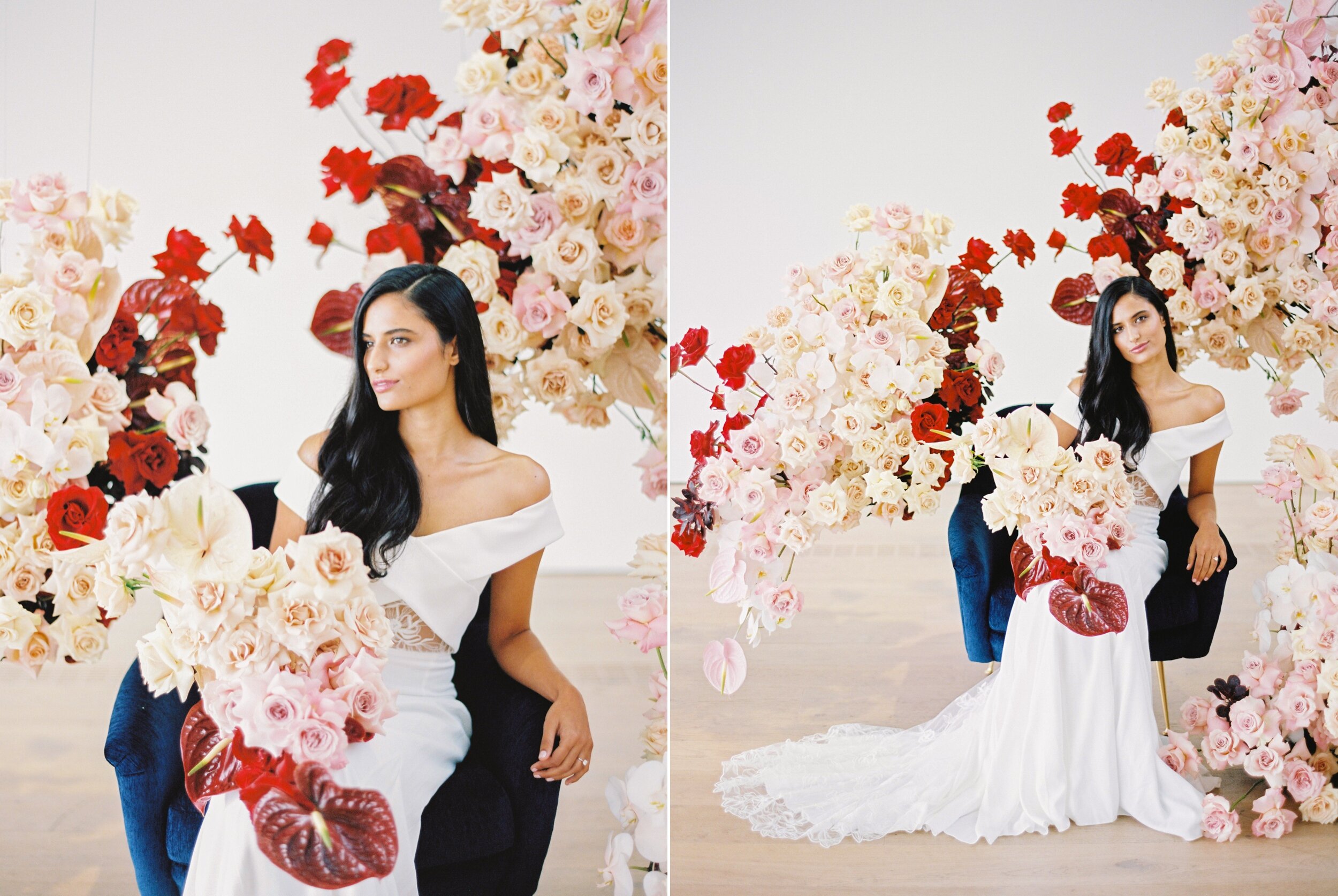  modern bride and floral wedding installation | Pink red and white color blocking florals | Real wedding magazine editorial | Justine Milton fine art film Vancouver wedding photographer 