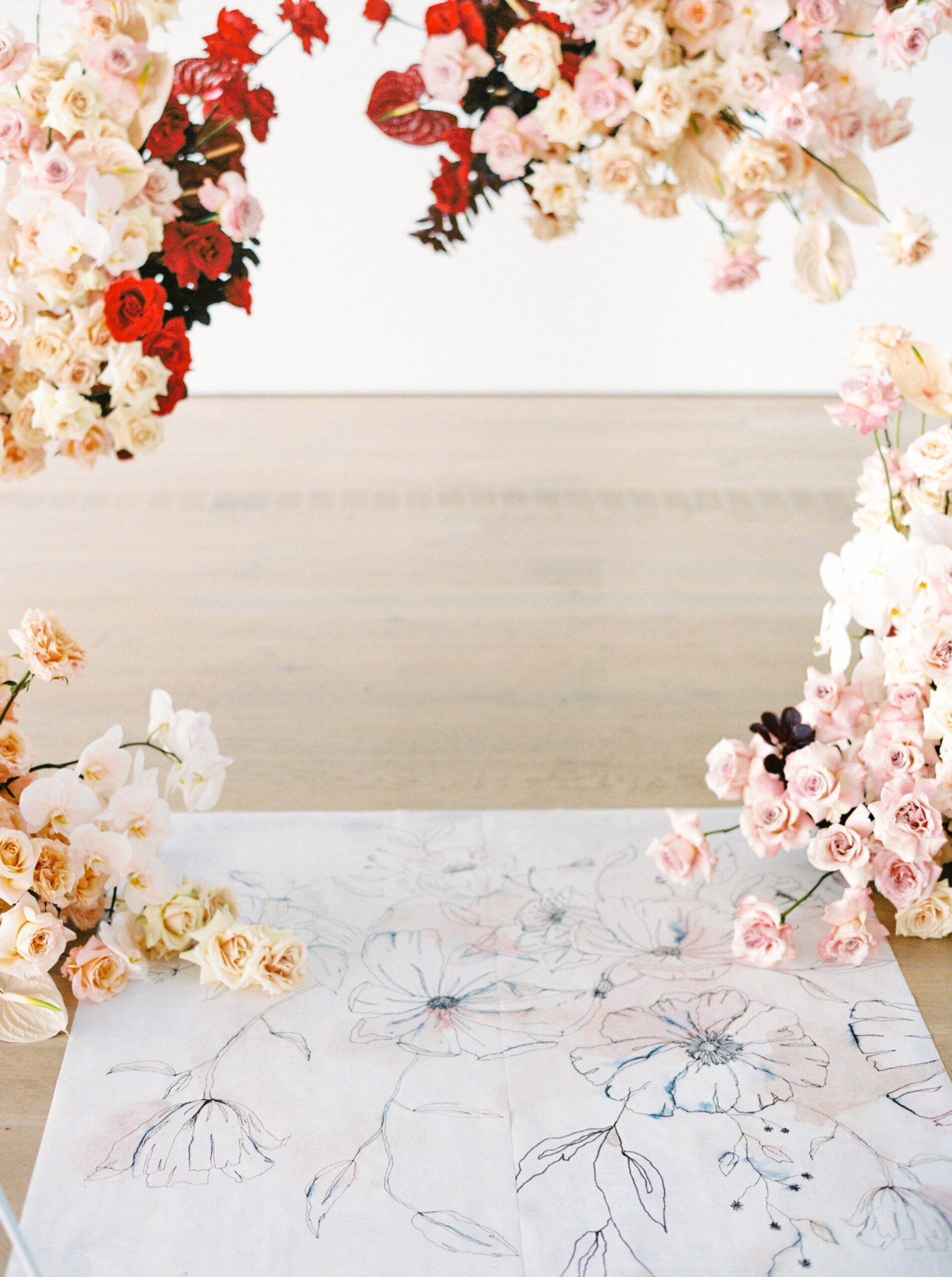  modern bride and floral wedding installation | Pink red and white color blocking florals | Real wedding magazine editorial | Justine Milton fine art film Vancouver wedding photographer 