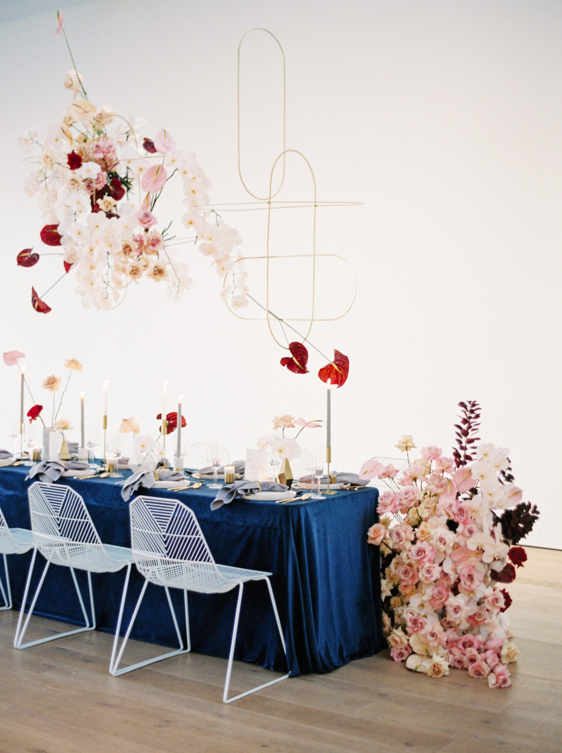  modern floral wedding installation | Pink red and white color blocking florals | Real wedding magazine editorial | Justine Milton fine art film Vancouver wedding photographer 