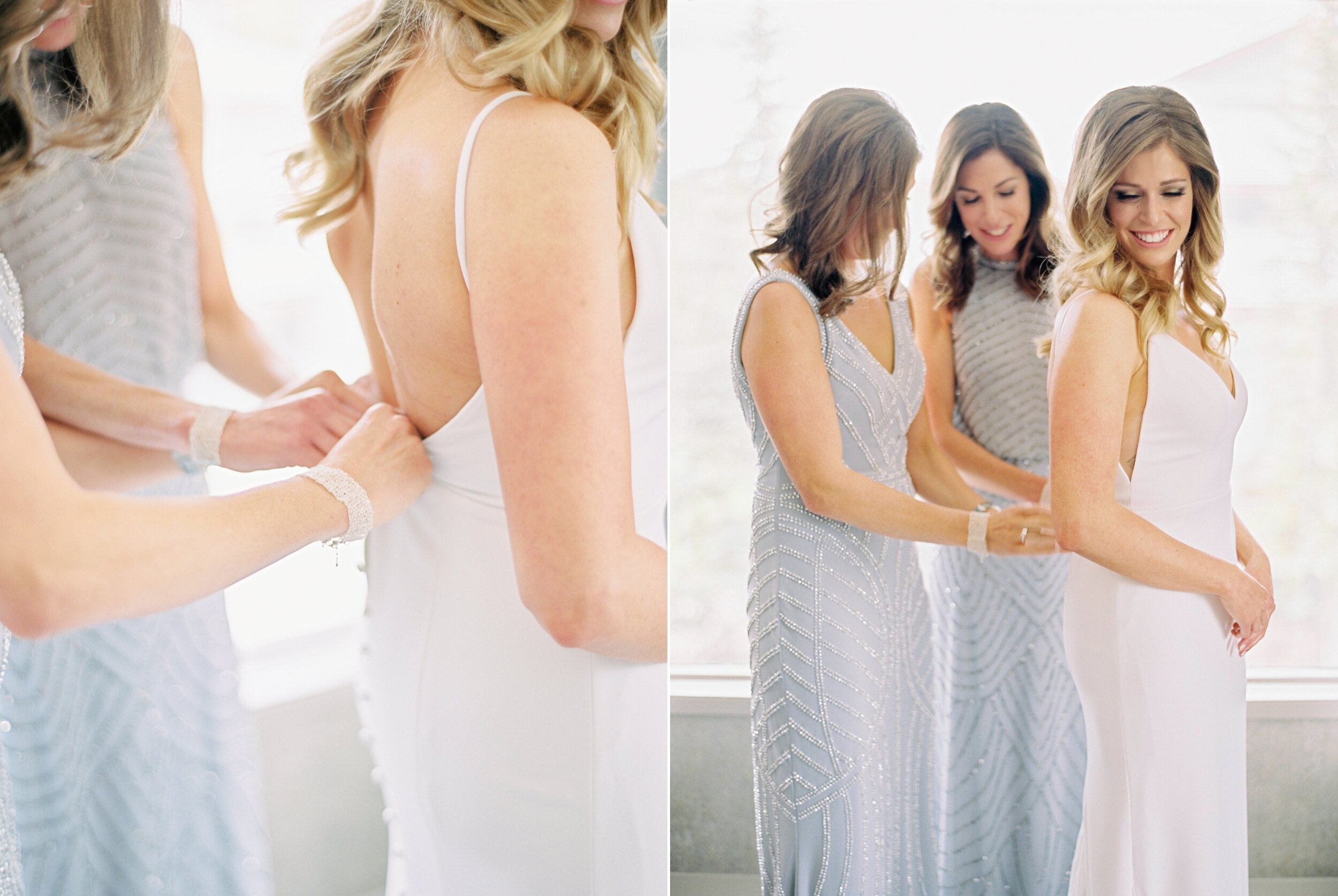 Bride getting ready doing up the dress | Kananaskis wedding | fine art film Banff wedding photographer 