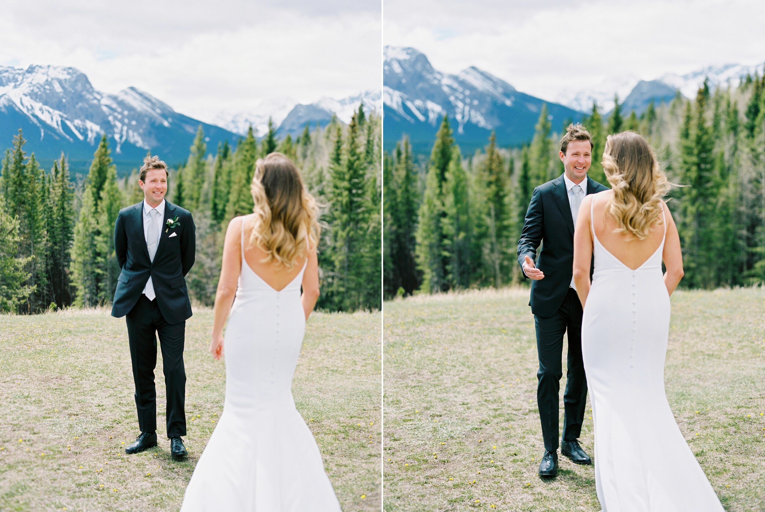  First look on the side of a mountain | Kananaskis wedding | fine art film Banff wedding photographer 