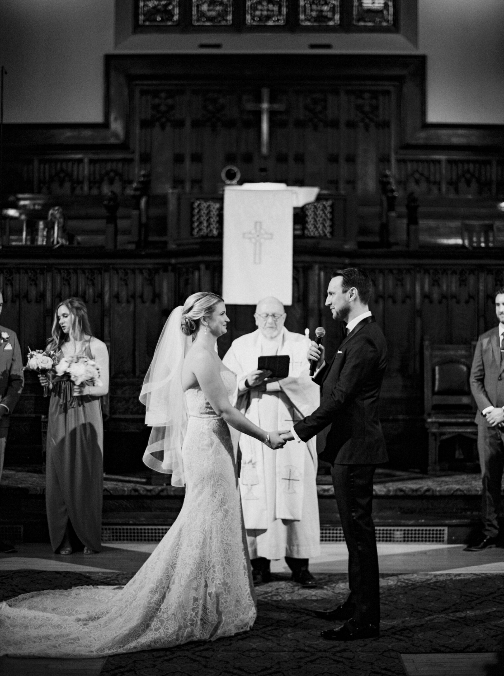  black and white film photographer | downtown church ceremony | Deane House Wedding | Calgary photographer | fine art film photography Justine Milton 