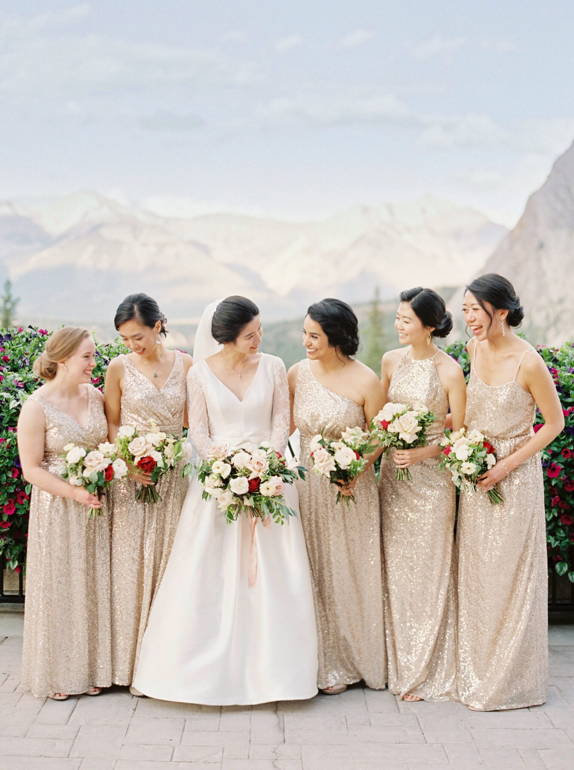  brides maids in gold maxi dress | Fairmont Banff Springs hotel wedding photographers | fine art film photography | portra 400 