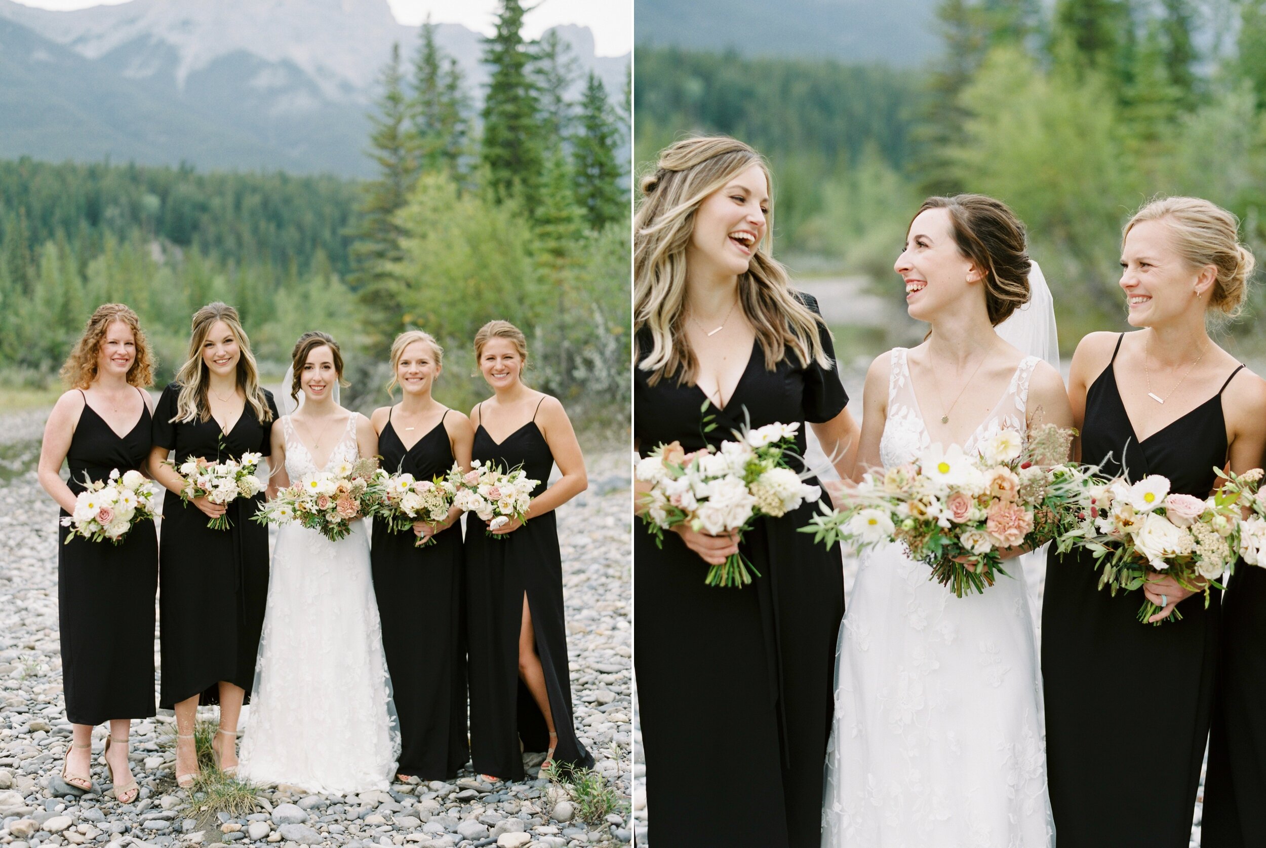  bridesmaids and groomsmen in matching black dresses and suits | all black wedding party | The Malcom Canmore Wedding Photographer | Fine Art film wedding photoraphy | portra 400 