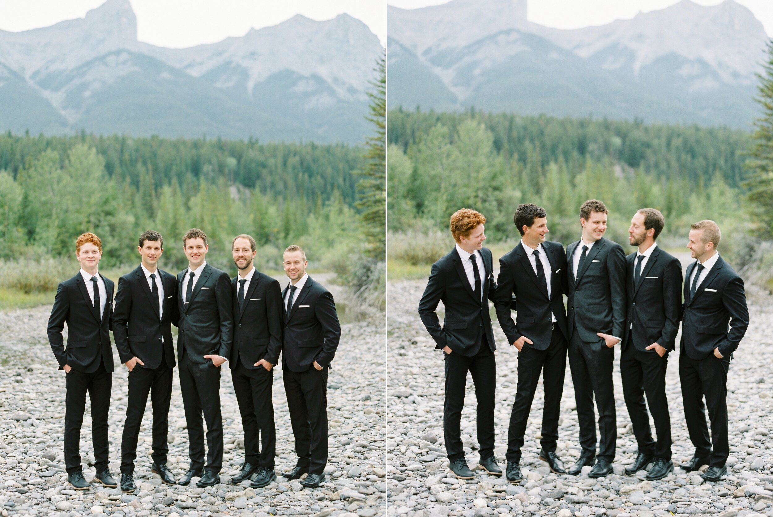  bridesmaids and groomsmen in matching black dresses and suits | all black wedding party | The Malcom Canmore Wedding Photographer | Fine Art film wedding photoraphy | portra 400 