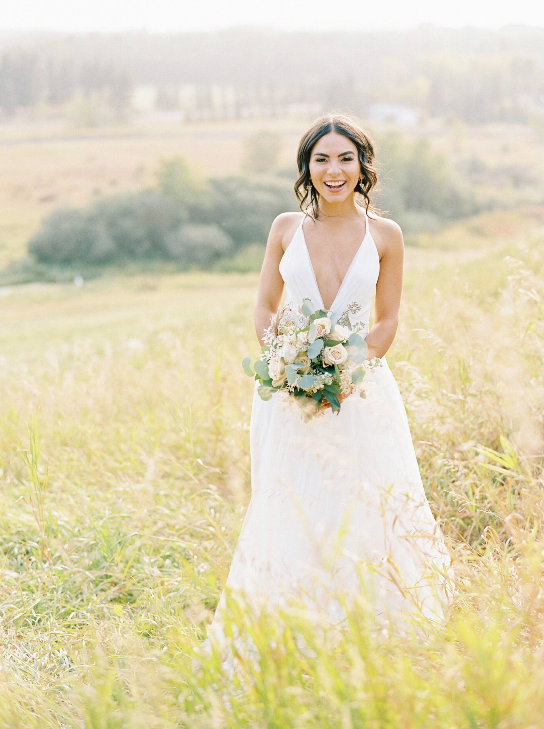  Bridal portrait green and neutral bouquet | Rocky Mountain Bride Magazine Feature | The Rdige Okotoks Bridal Editorial | Boho hats | film photographer 