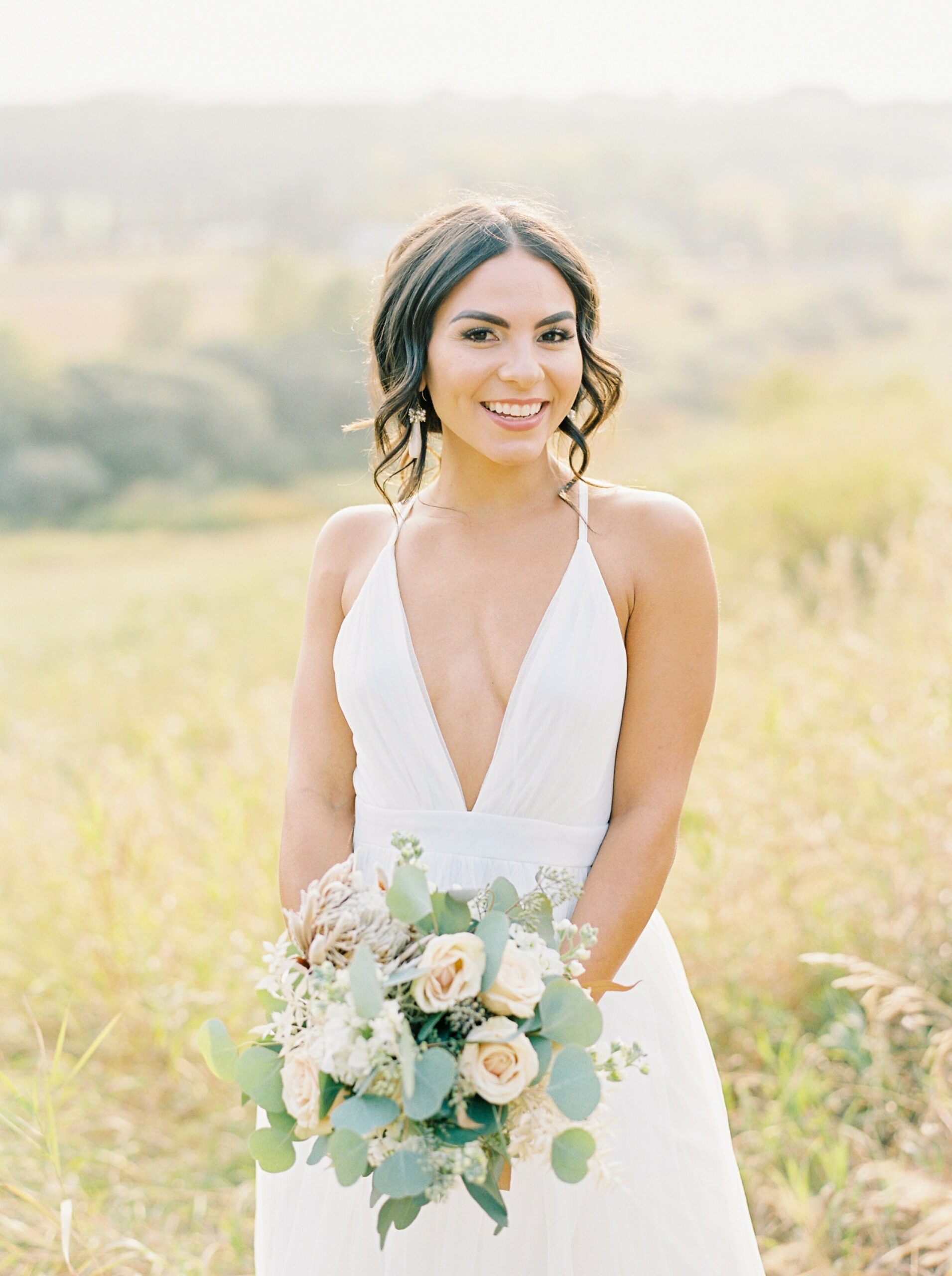  Bridal portrait green and neutral bouquet | Rocky Mountain Bride Magazine Feature | The Rdige Okotoks Bridal Editorial | Boho hats | film photographer 