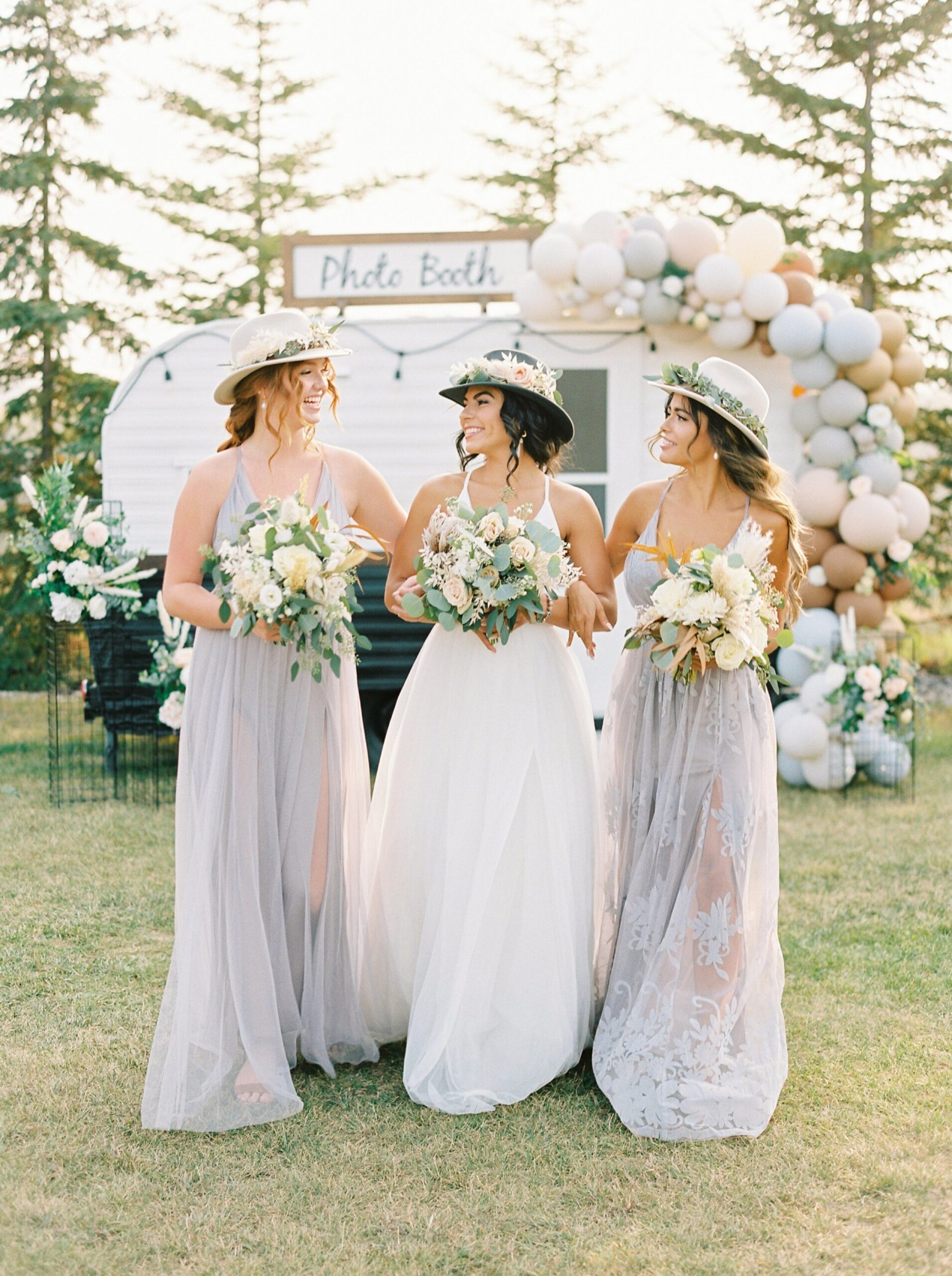  Bridesmaids in dusty lavender grey maxi dress with hats | Rocky Mountain Bride Magazine Feature | The Rdige Okotoks Bridal Editorial | Boho hats | film photographer 