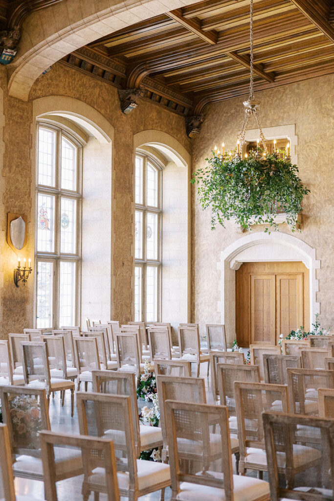 wedding ceremony space shows chairs set for guests at Banff Springs Hotel 