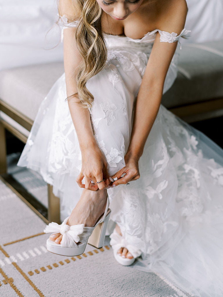 bride getting ready, lace wedding dress with jimmy choo heels