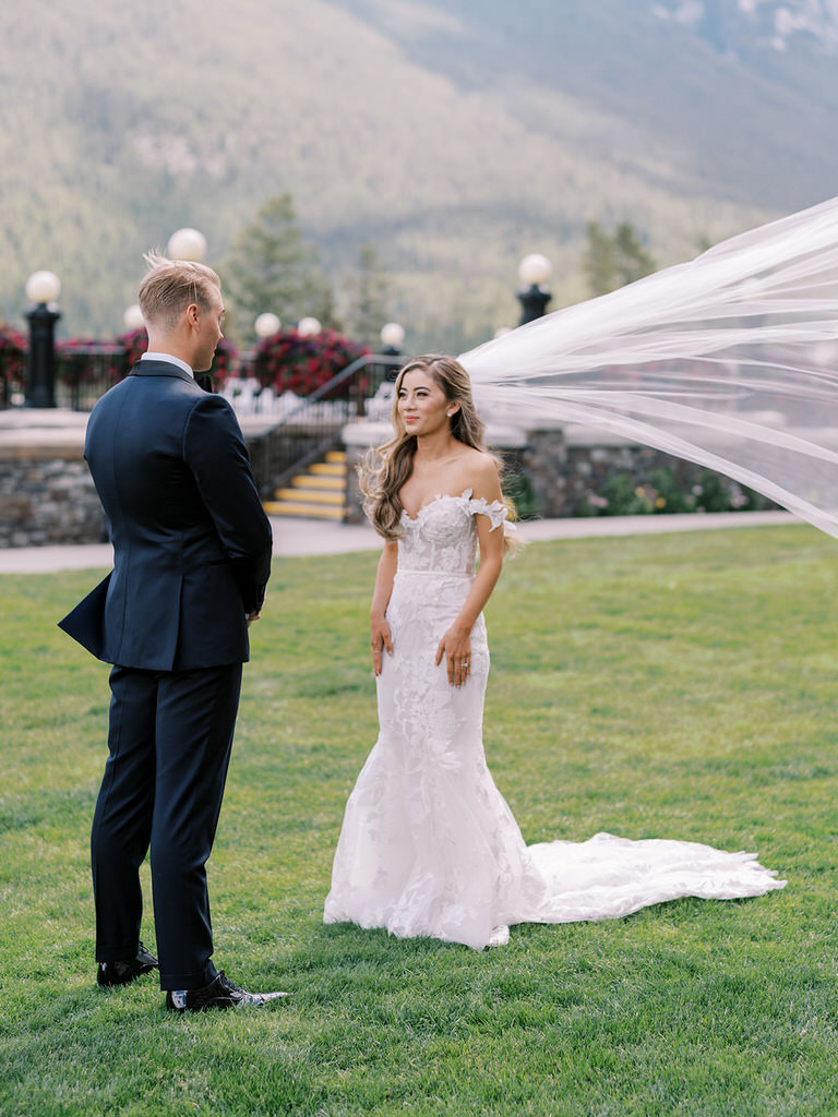 bride and groom first look, Fairmont Banff Springs 