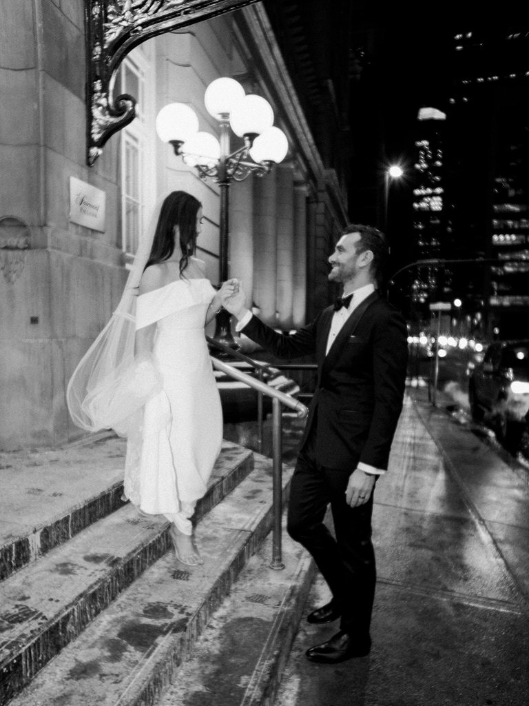 Bride and Groom portrait, downtown editorial photography, black and white. 