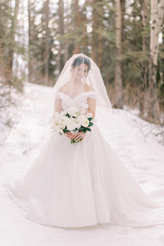 Mountain bride in strapless wedding dress with veil, portrait of bride, outside mountain photography in Banff, Canada. 