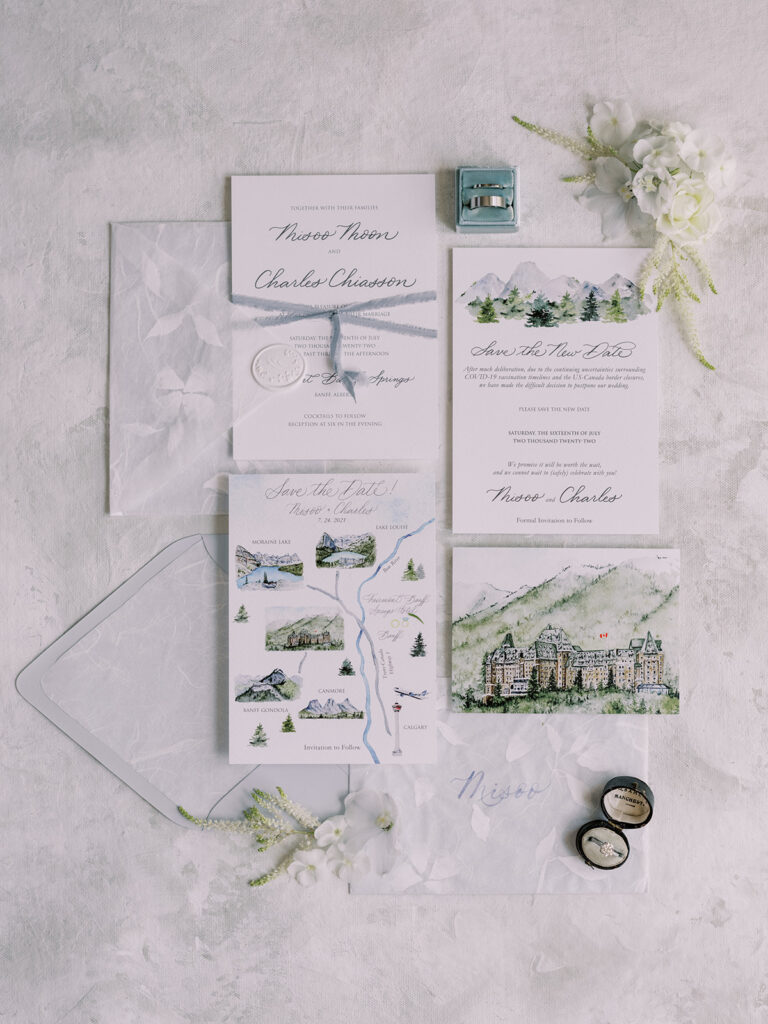 wedding flatlay with light blues, white florals, and white airy details. 