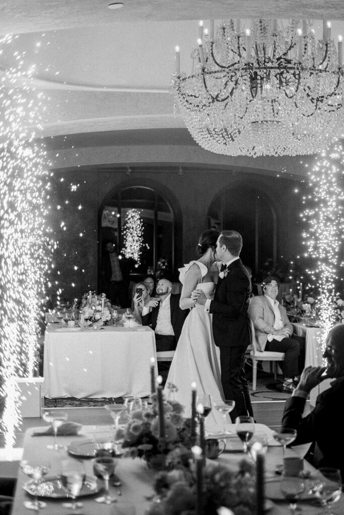 bride and groom black and white first dance. First dance wedding sparklers, at Fairmont Banff Springs Hotel. 