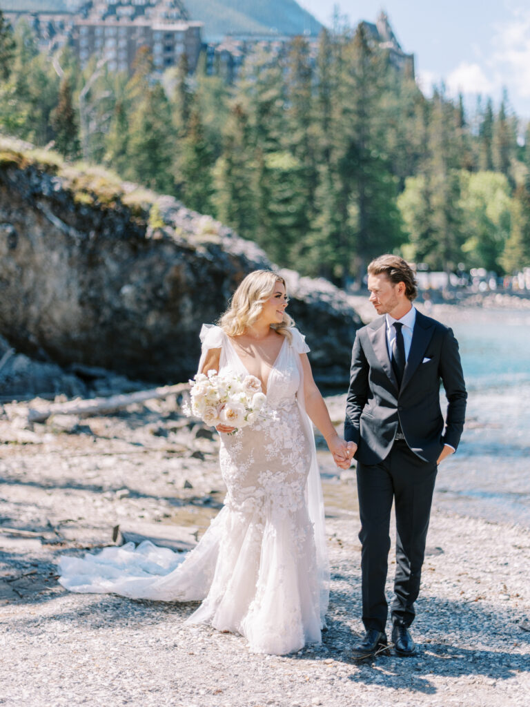 stunning bow wedding dress on bride in Banff captured by Banff Wedding Photographer Justine Milton