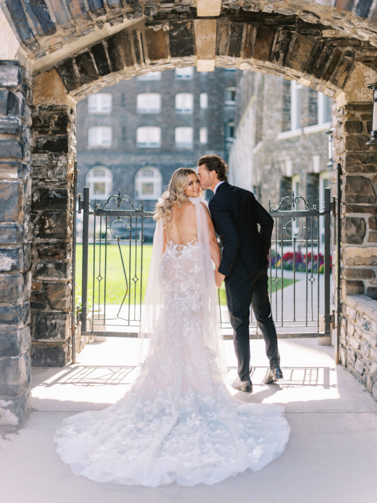 Bride and groom portraits at the Fairmont Banff Springs Hotel captured by Banff Wedding Photographer Justine Milton
