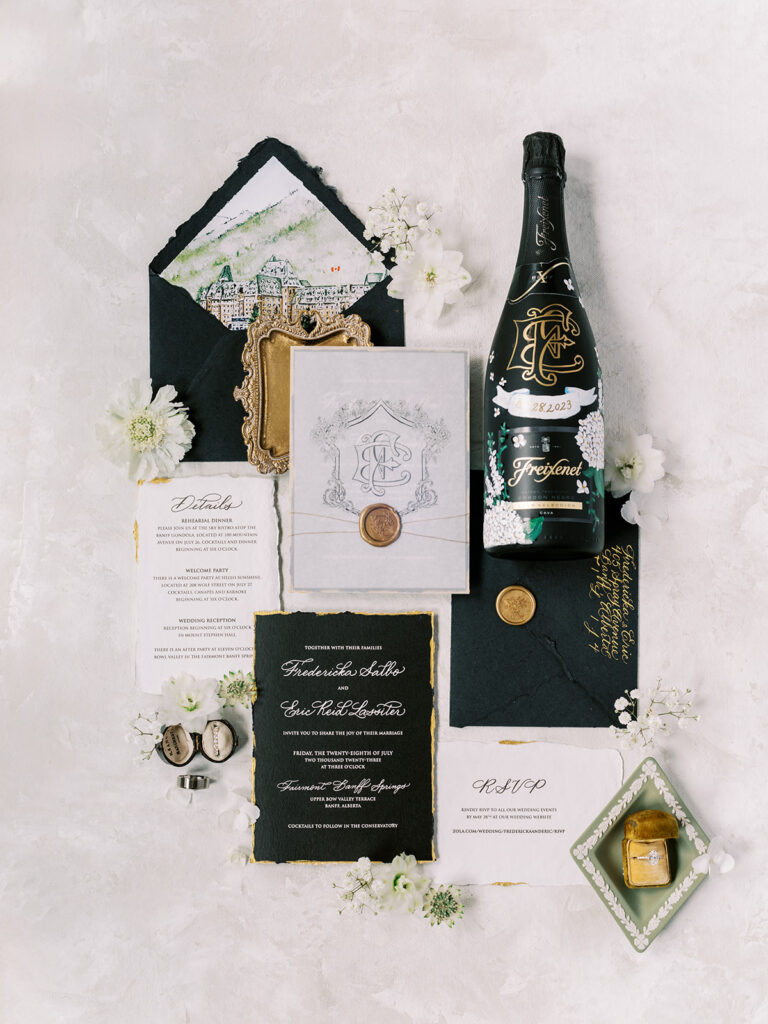 Hand painted champagne bottle as a wedding gift captured by Banff Wedding Photographer Justine Milton