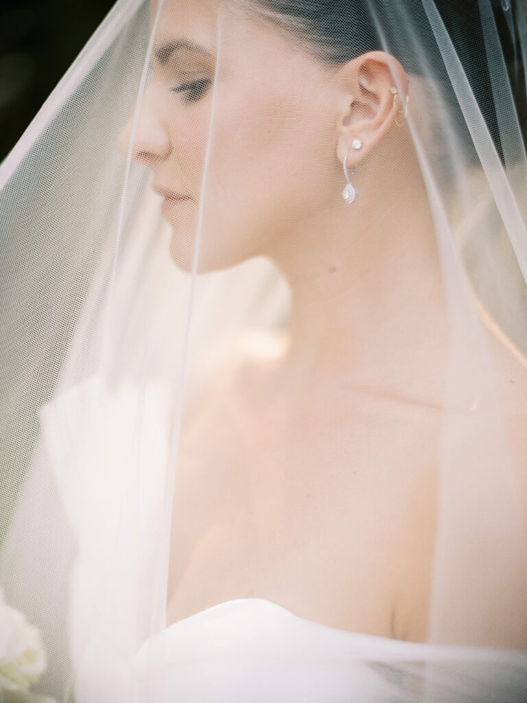 bridal portrait showing earrings captured by Canadian and destination wedding photographer Justine Milton